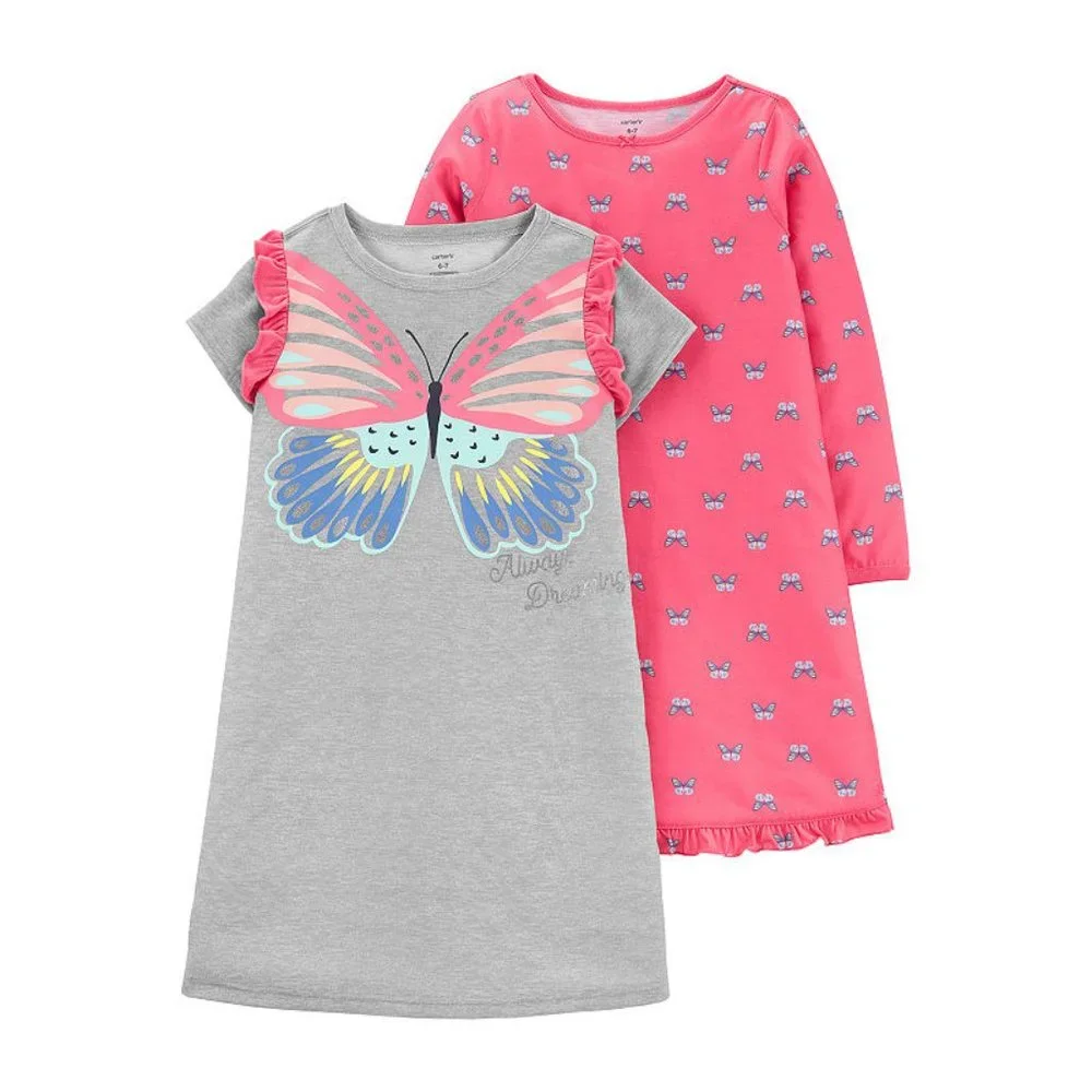 NWT! Carter's Girls' 2-Pack‎ Nightgowns Heather/Pink/Butterfly 6-7T